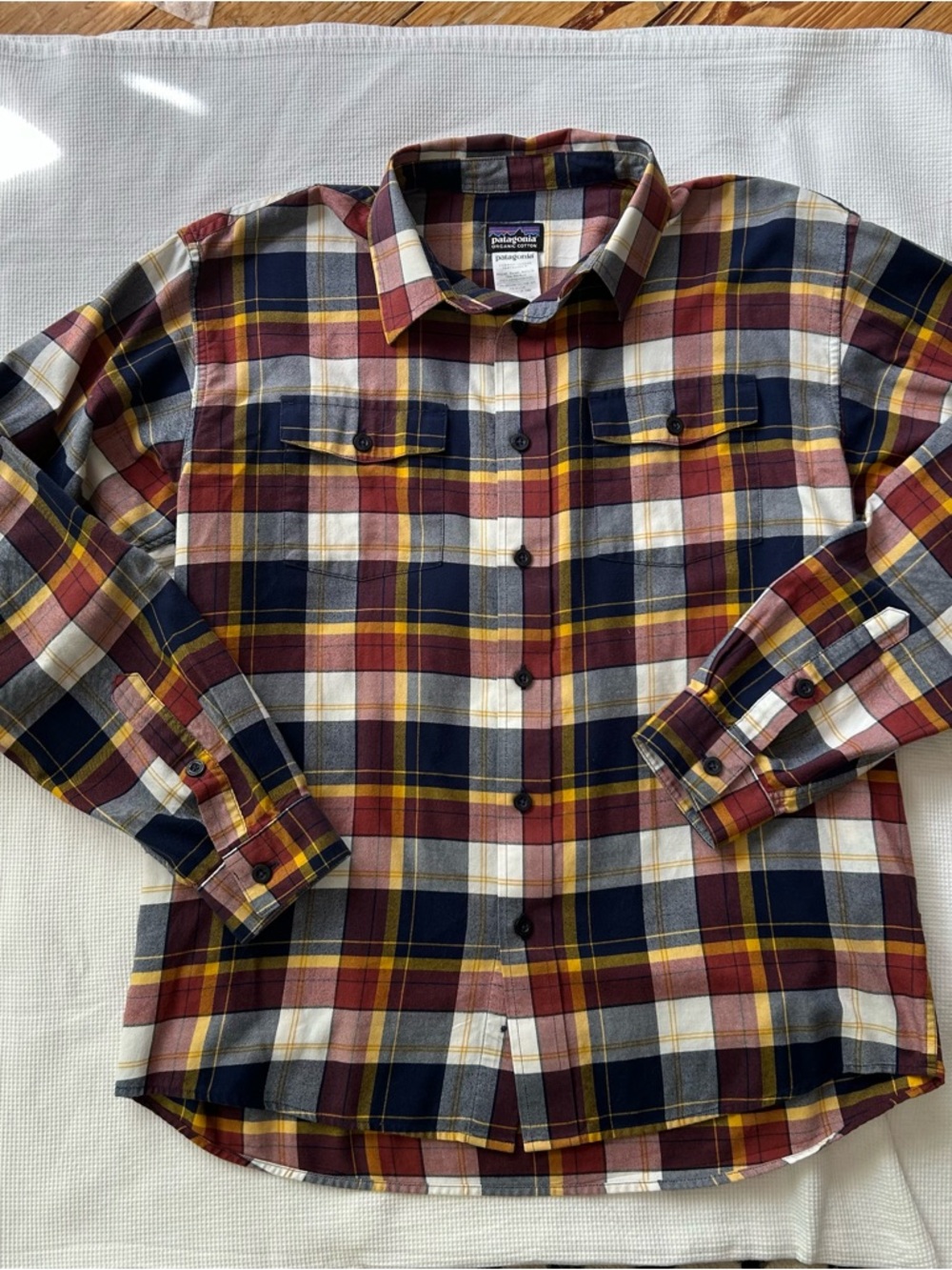 Patagonia Men’s Plaid Button-Down Shirt in Maroon, Navy & Yellow